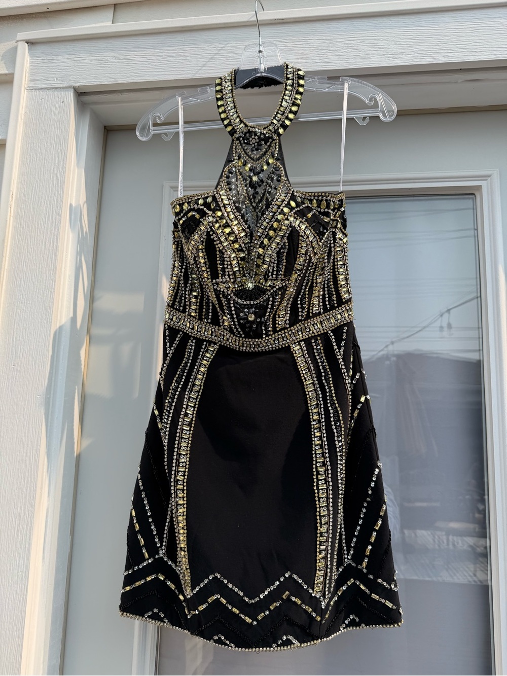Rachel Allan Black Mini Dress with Gold Embellishment